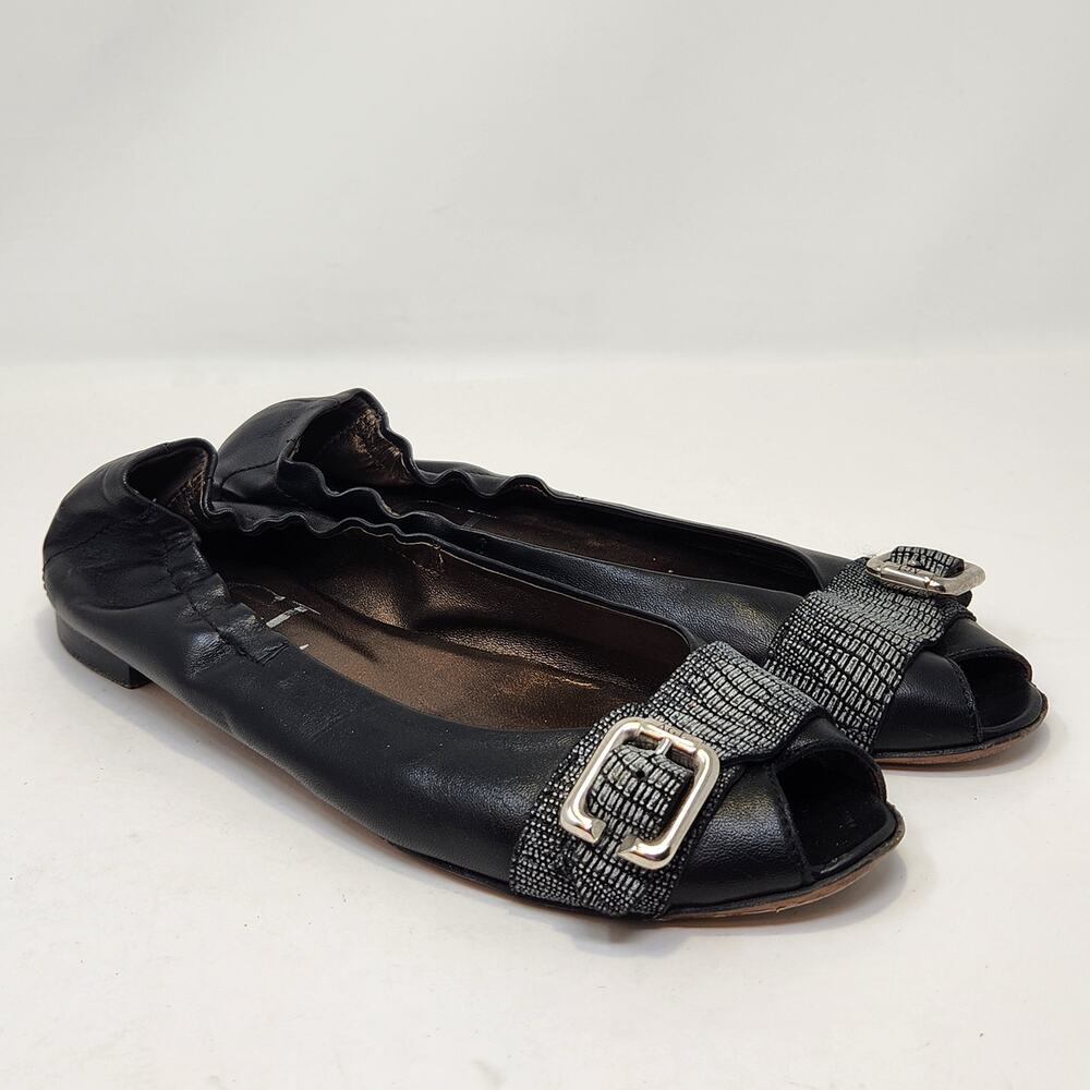 AGL Black Leather Peep Toe Flats Metallic Strap Buckle Size 39 US 9 Slip On Shoe
